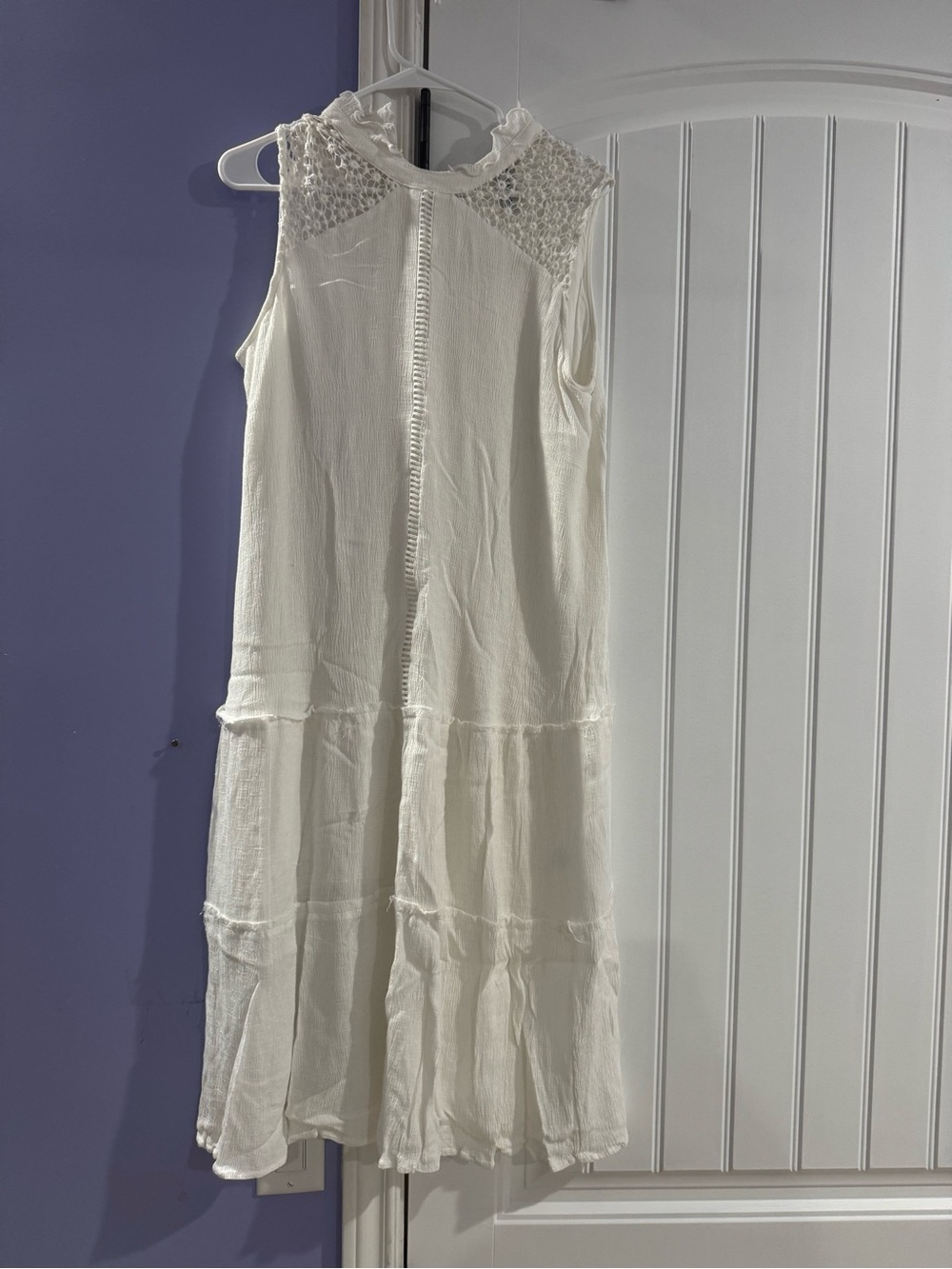 Sleeveless White Crochet Yoke Tiered Maxi Dress